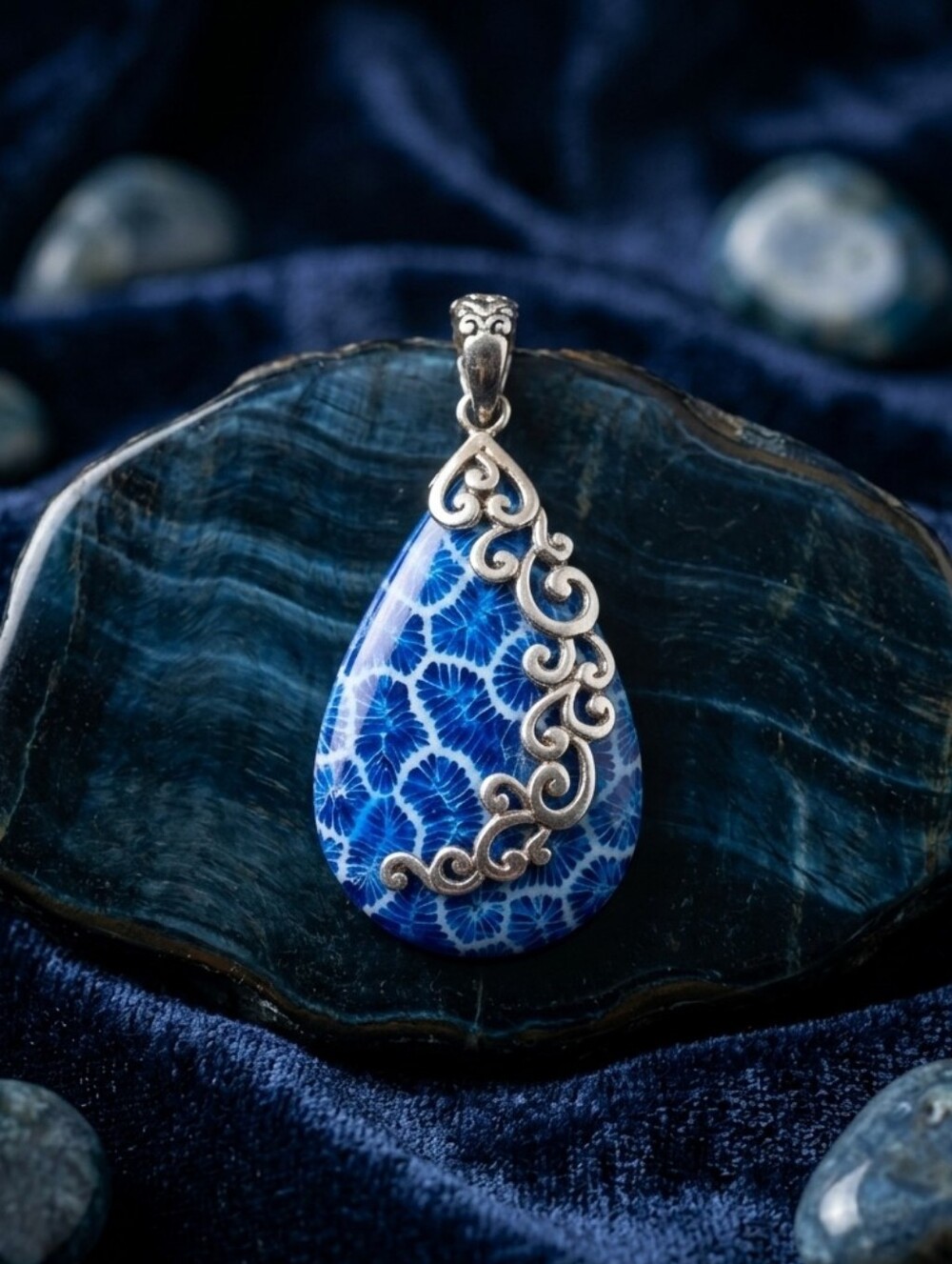 Blue Fossil Coral & Sterling Silver Teardrop Pendant